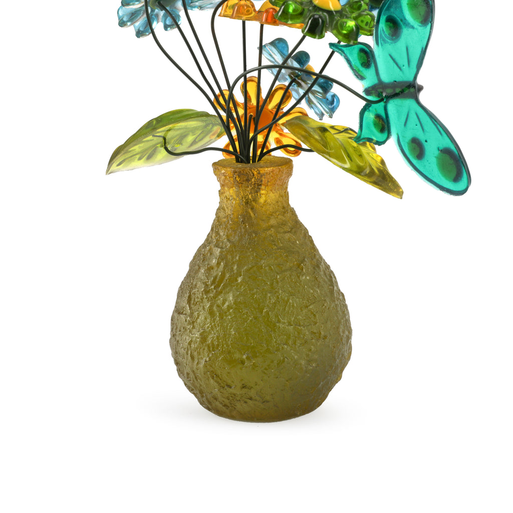 Faux Acrylic Flowers in Green Glass Vase