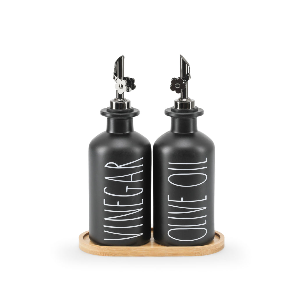 Black Vinegar / Olive Oil Bottles with Wood Base (A+D)