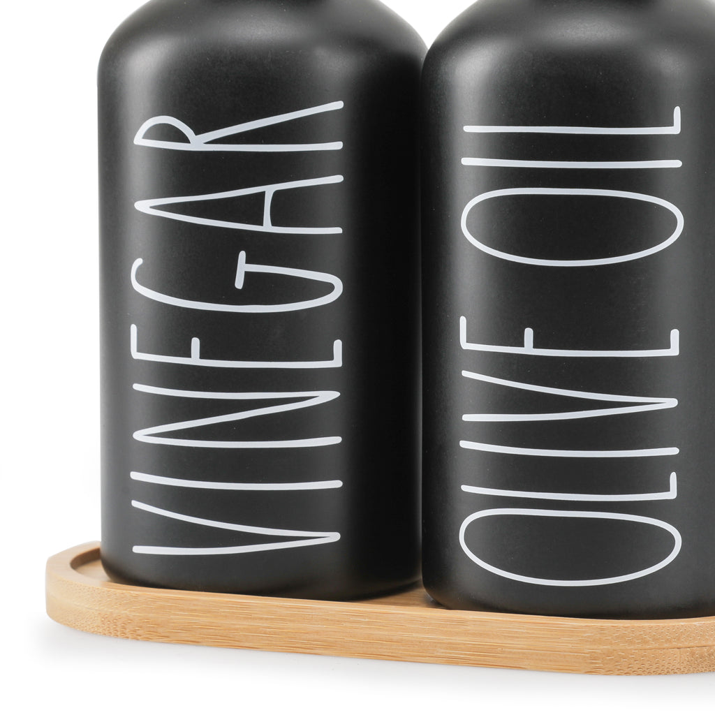 Black Vinegar / Olive Oil Bottles with Wood Base (A+D)