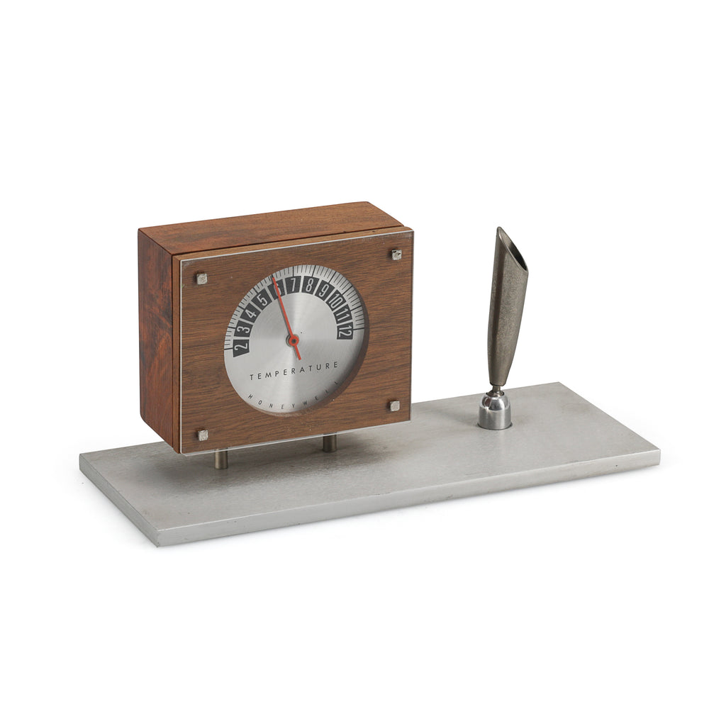Metal & Wood Pen Holder w/ Thermometer