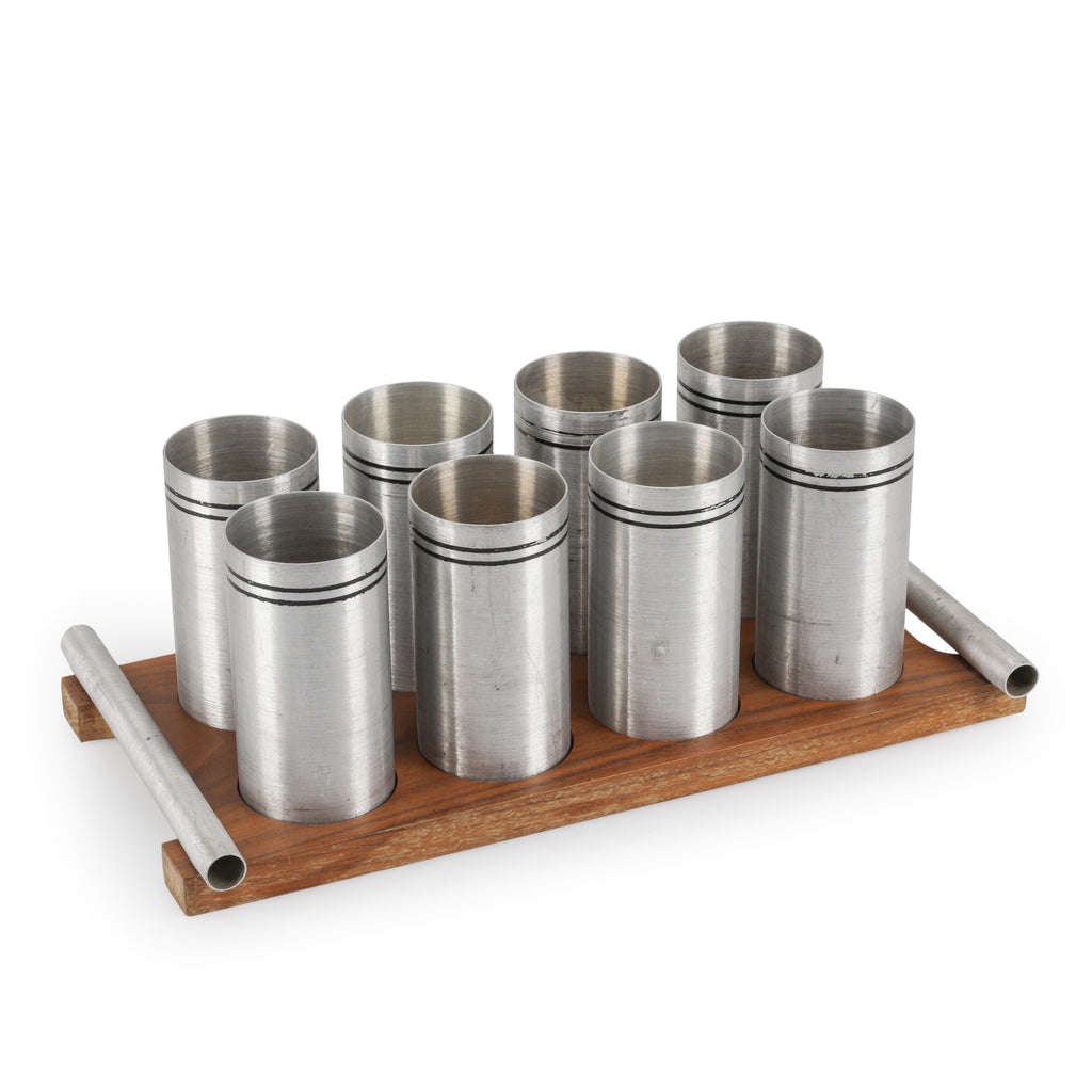 Walnut Tray and 8 Metal Cups