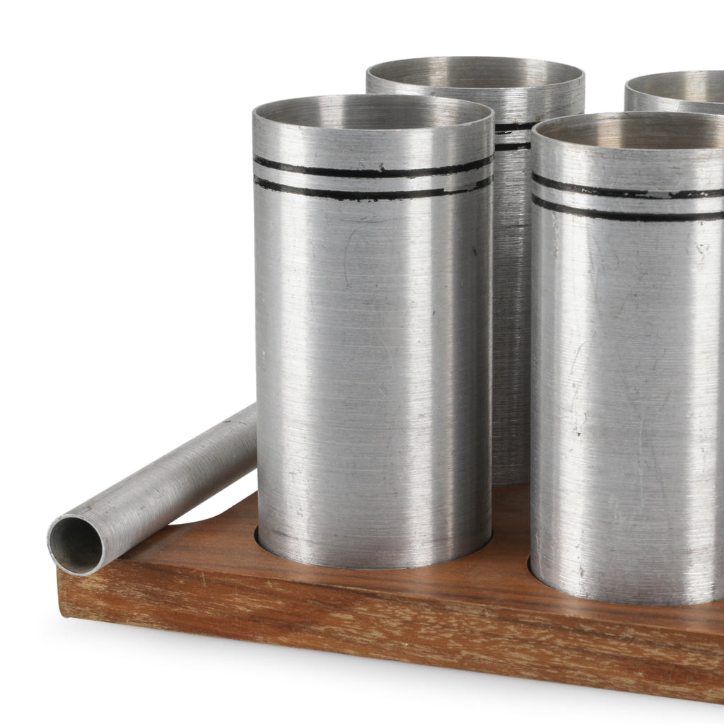 Walnut Tray and 8 Metal Cups