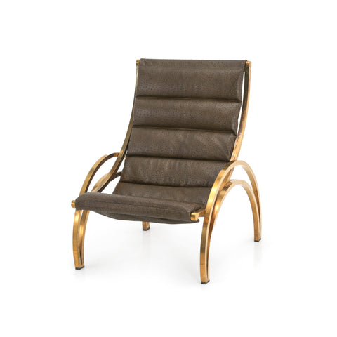Brown Leather Padded Lounge Chair w/ Brass Frame