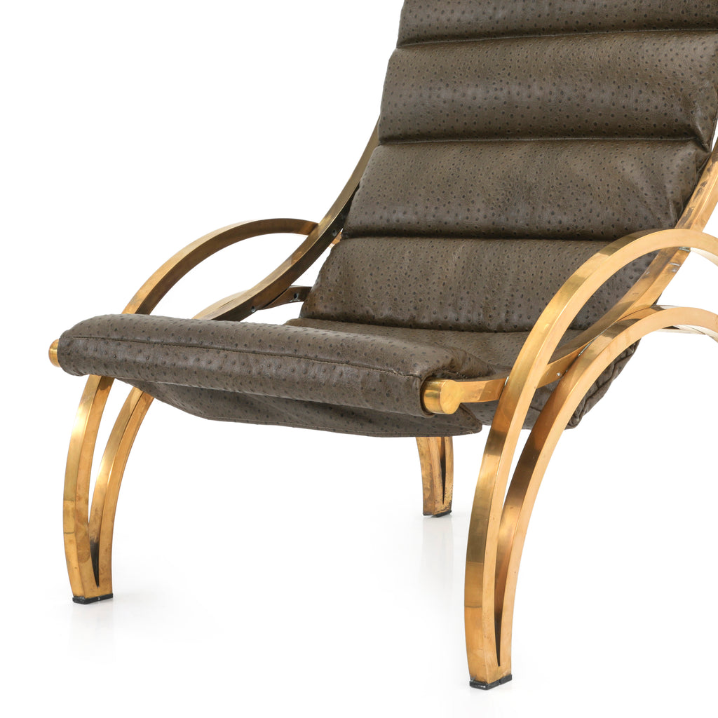 Brown Leather Padded Lounge Chair w/ Brass Frame