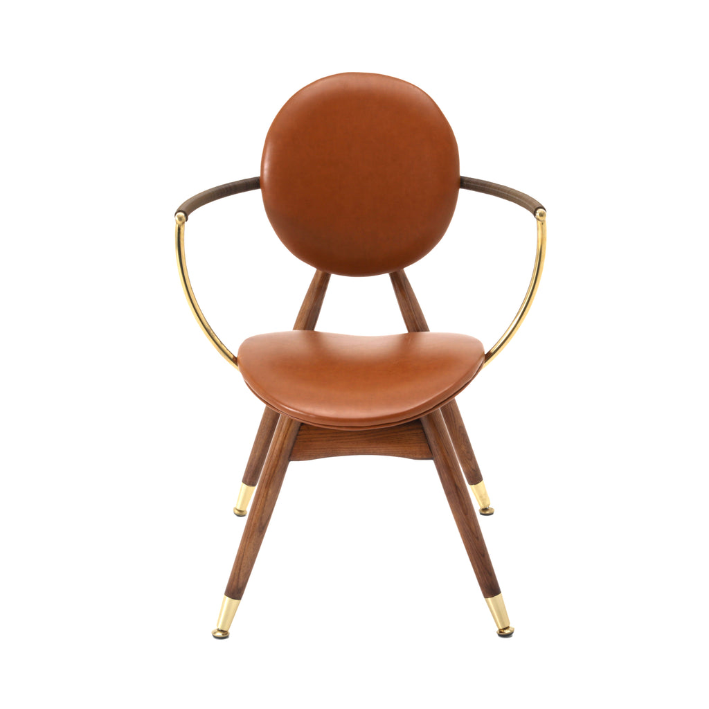 Round Back Brown Leather / Wood Accent Chair