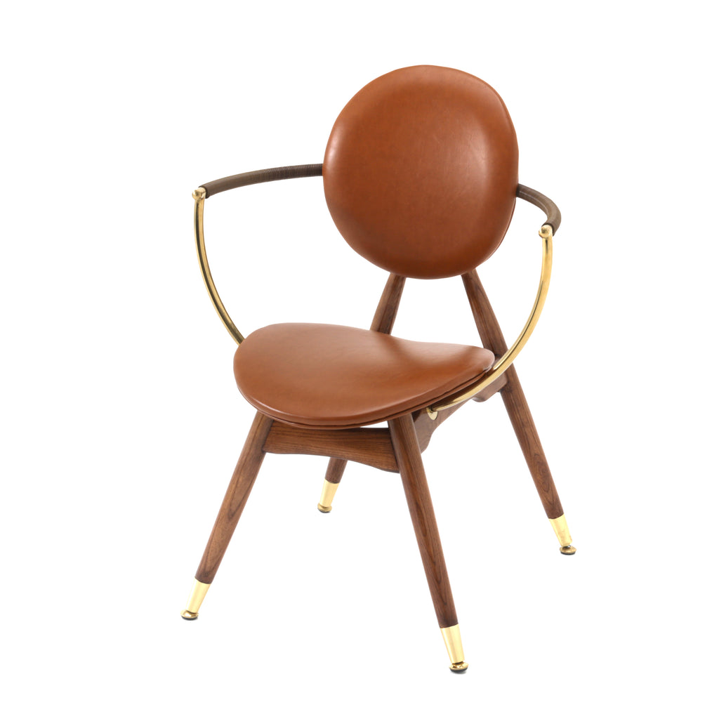 Round Back Brown Leather / Wood Accent Chair