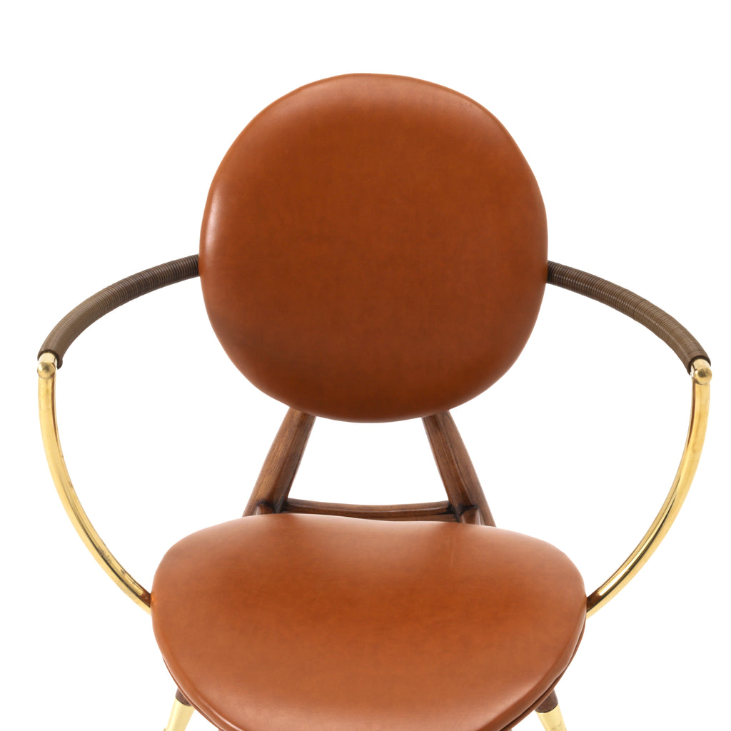 Round Back Brown Leather / Wood Accent Chair