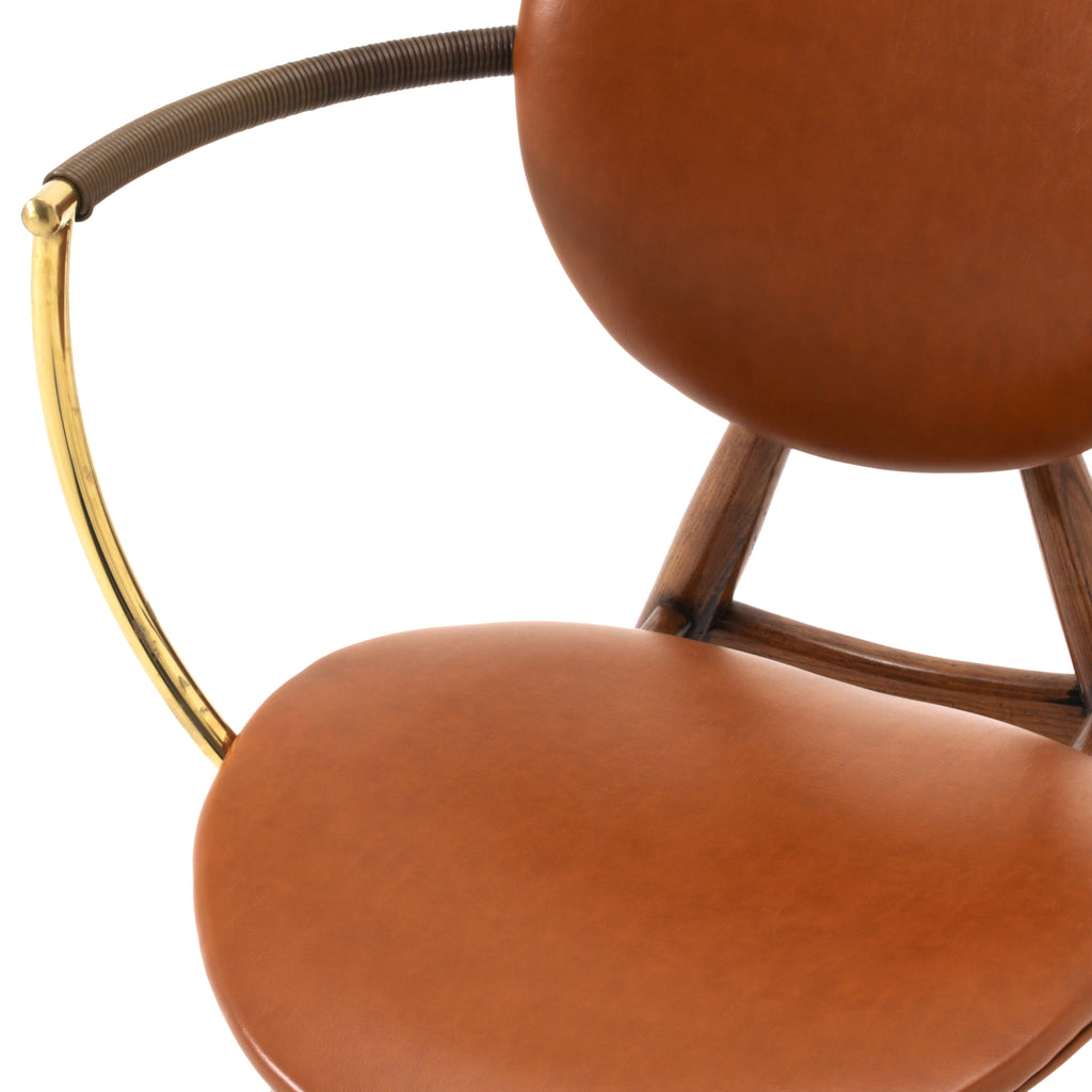 Round Back Brown Leather / Wood Accent Chair