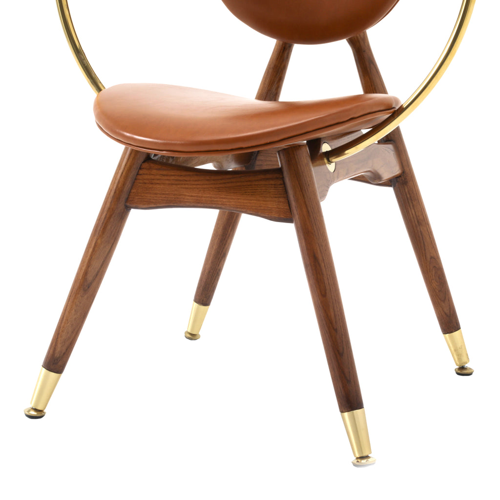 Round Back Brown Leather / Wood Accent Chair