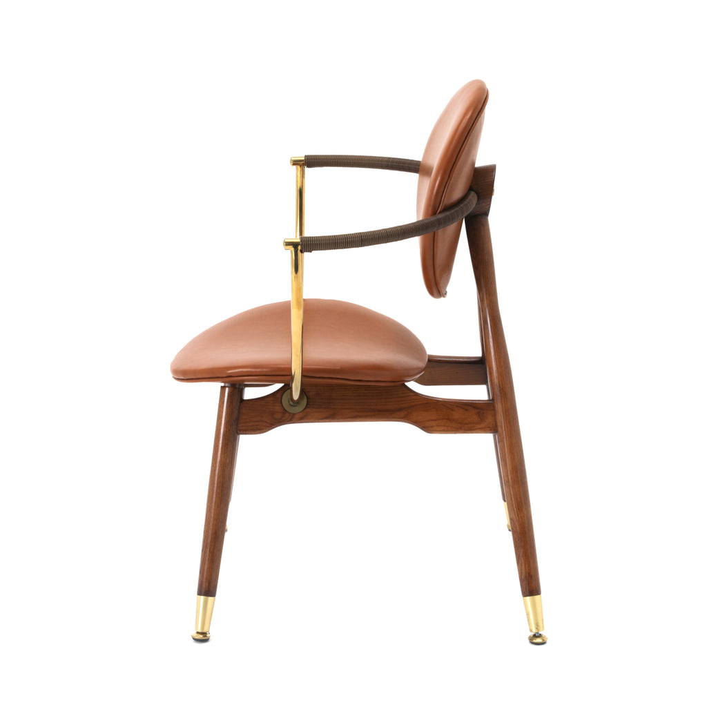 Round Back Brown Leather / Wood Accent Chair