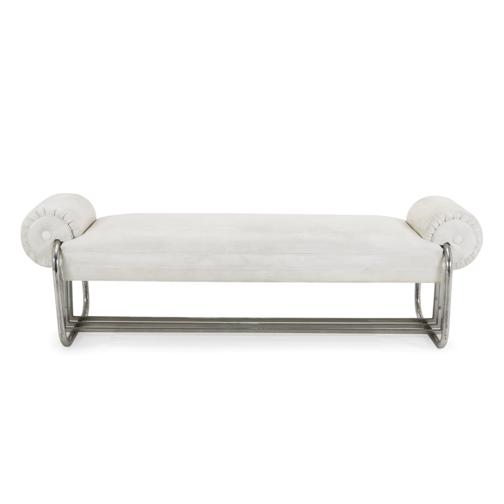 White Leather & Chrome Deco Bench