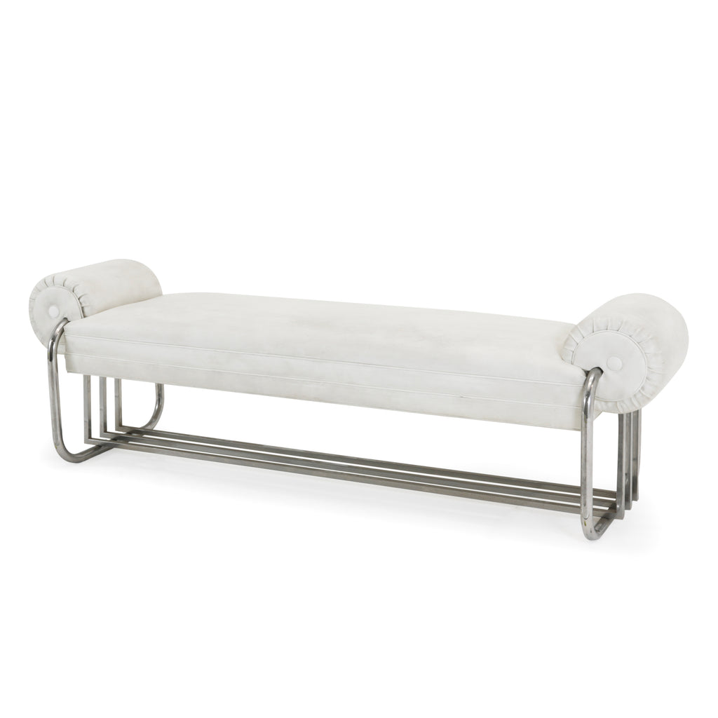 White Leather & Chrome Deco Bench
