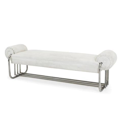 White Leather & Chrome Deco Bench
