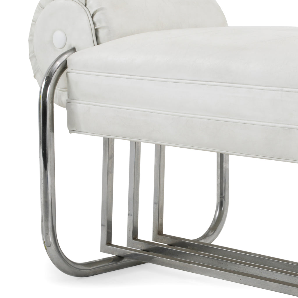 White Leather & Chrome Deco Bench