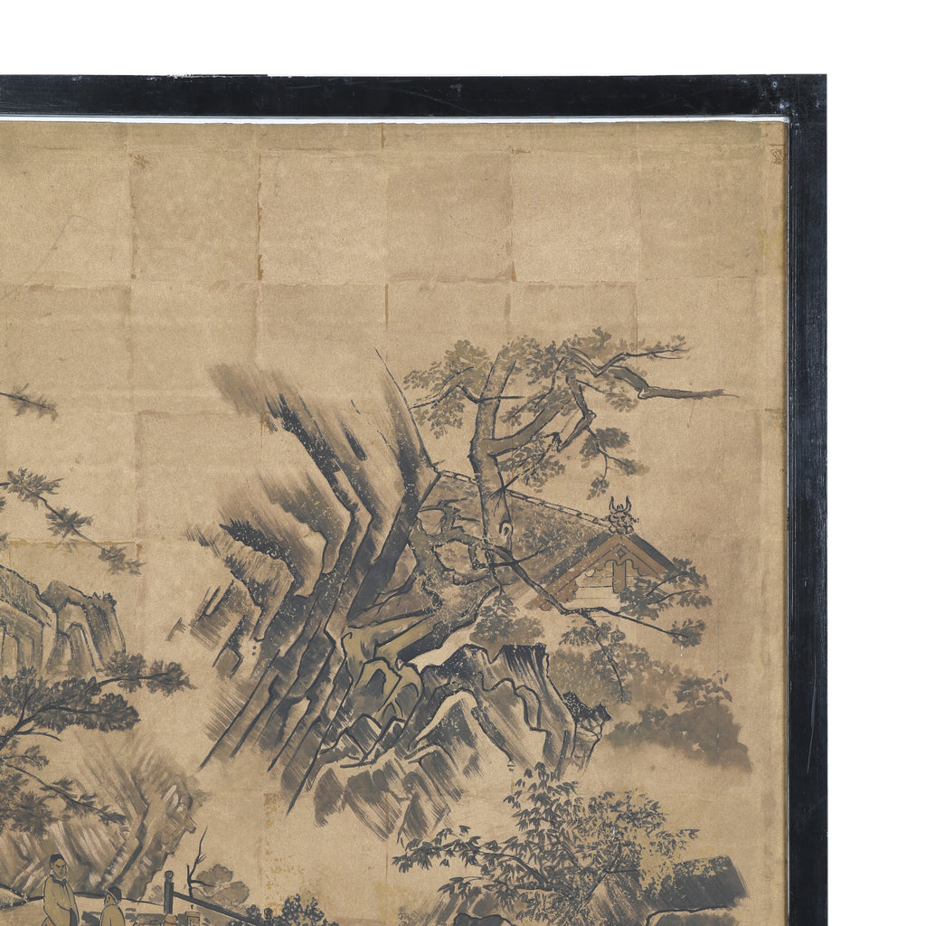Large Black / Tan Chinese Watercolor Wall Art w/ Frame (1 / 4)