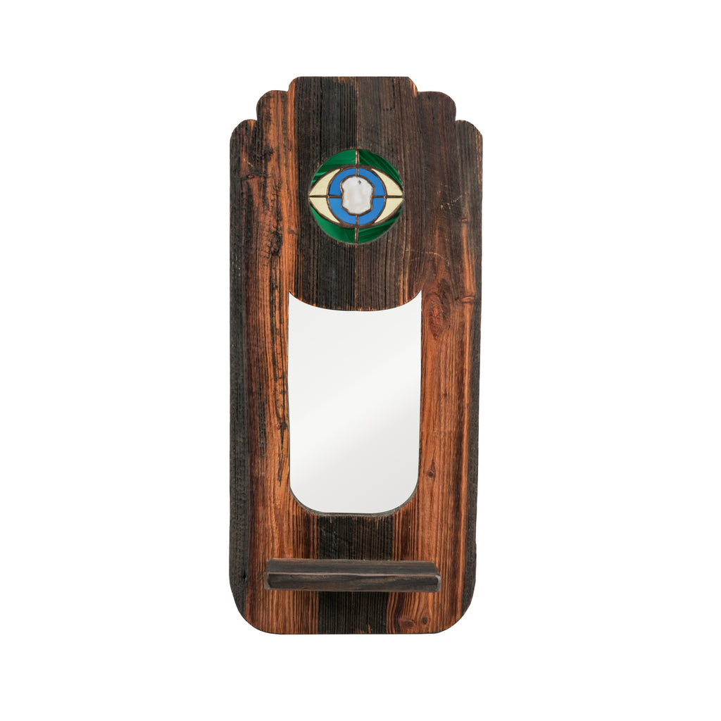 Rustic Wooden Shelf / Mirror with Stained Glass Eye