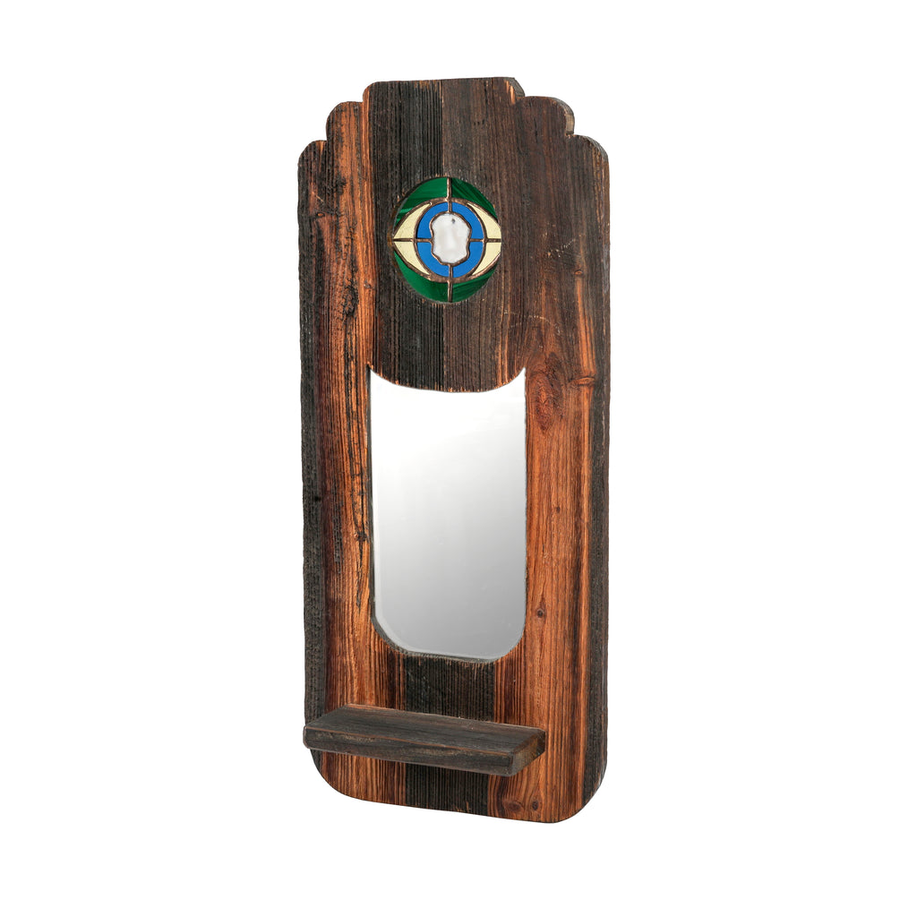 Rustic Wooden Shelf / Mirror with Stained Glass Eye