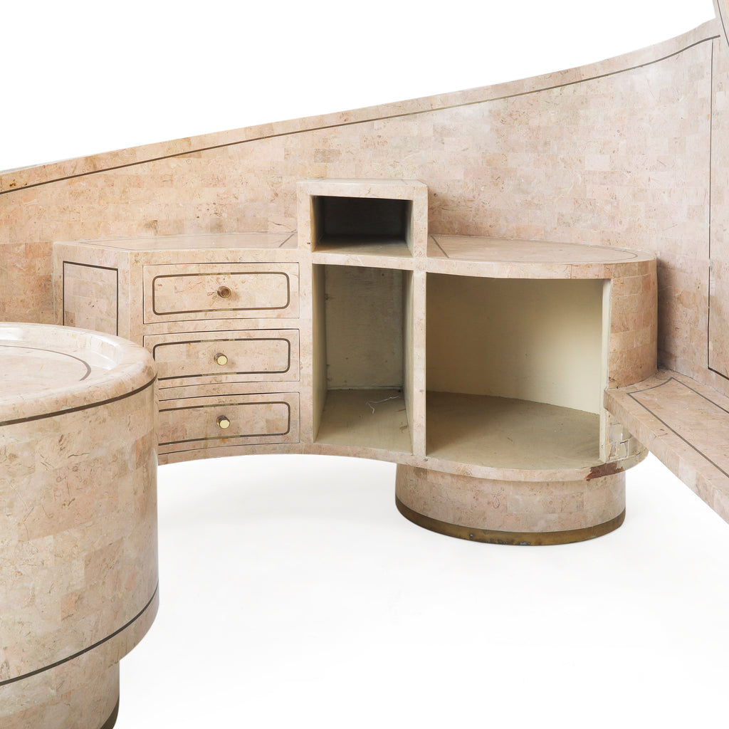 Large Light Pink Marble Vanity with Seat & Drawers