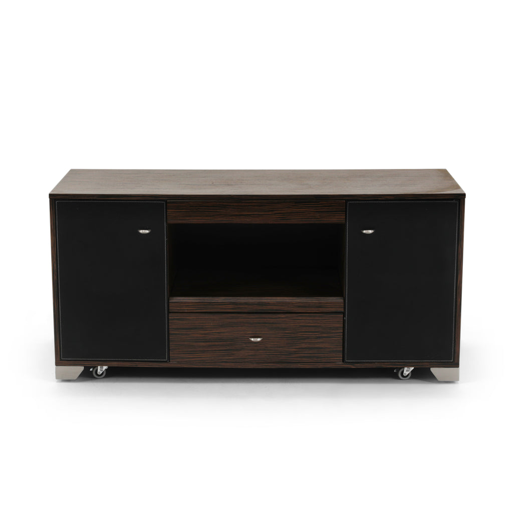 Brown / Black Tiger Wood Rolling Office Credenza