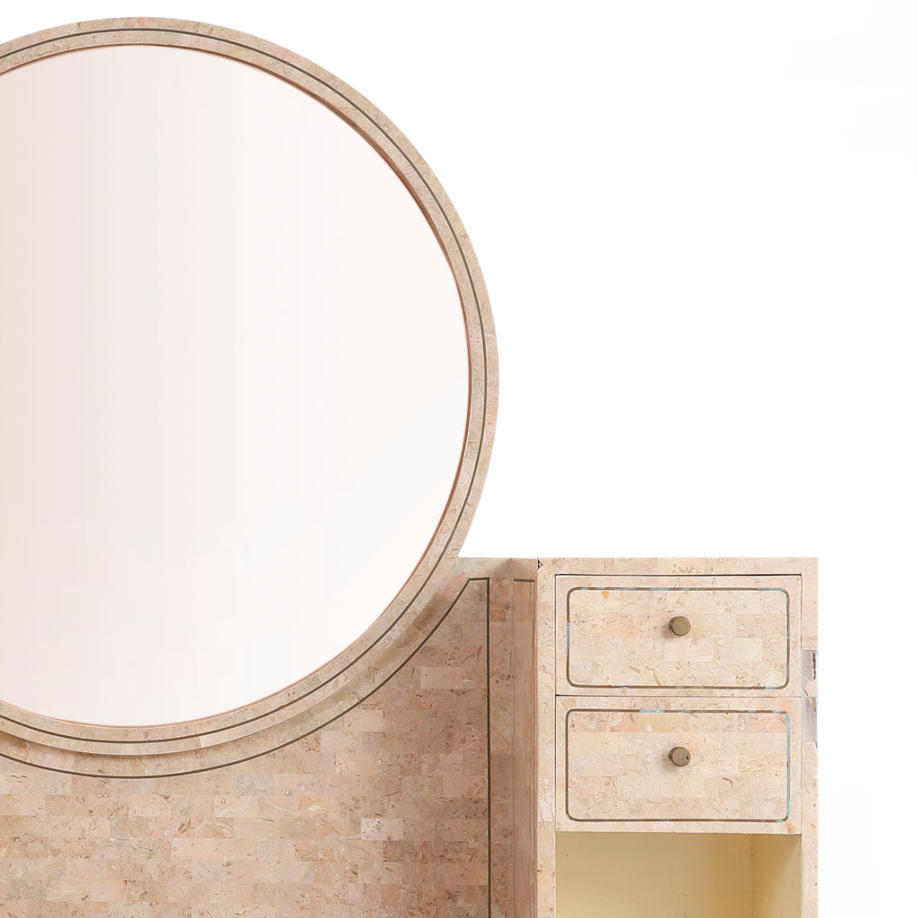 Large Light Pink Marble Vanity with Seat & Drawers