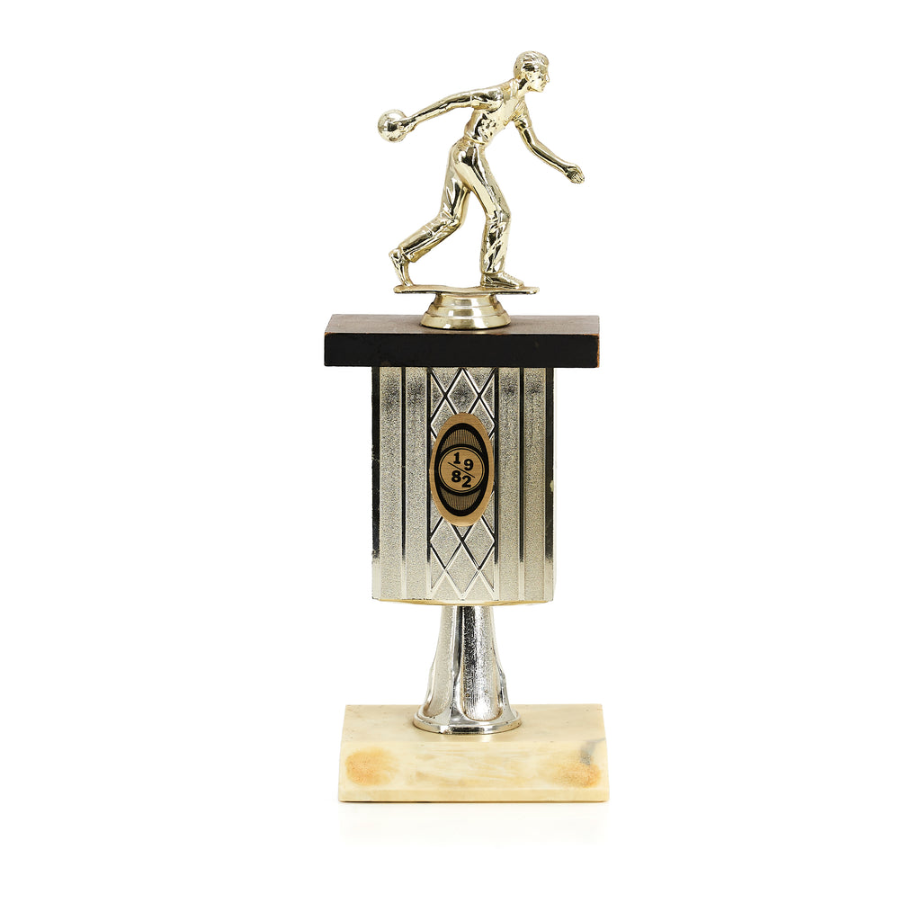 Silver Bowling Trophy w Silver  + Wood Base
