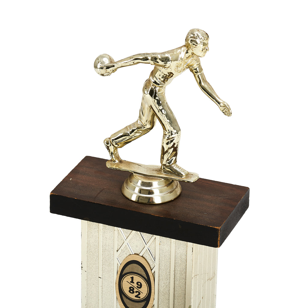 Silver Bowling Trophy w Silver  + Wood Base