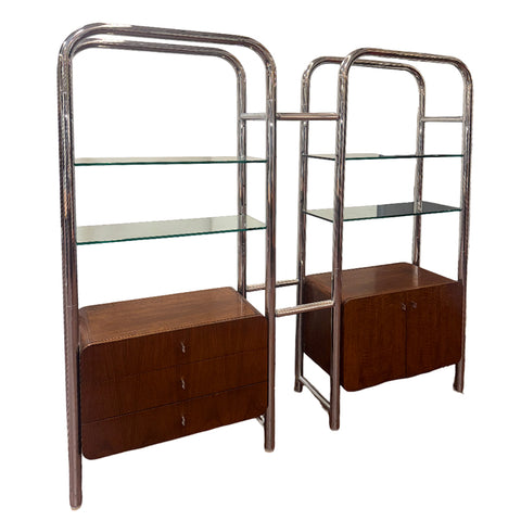Chrome Tube/Glass Shelf Unit w/wood Drawers