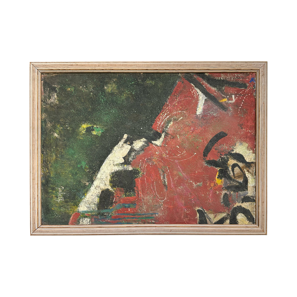 (A+D) Vintage Green & Red Abstract Painting