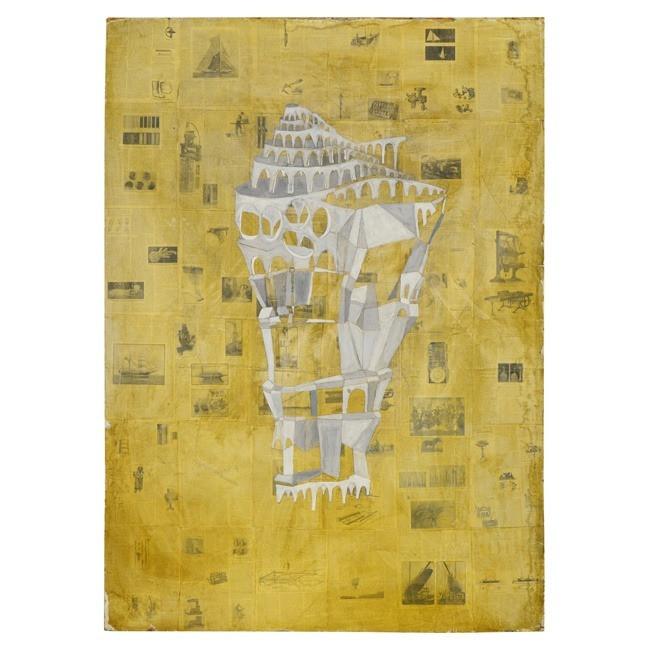 Huge Abstract Newsprint White Tower Artwork