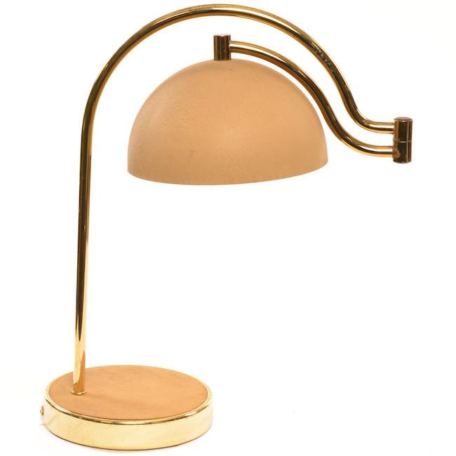 Tan Dome and Brass Arc Table Lamp