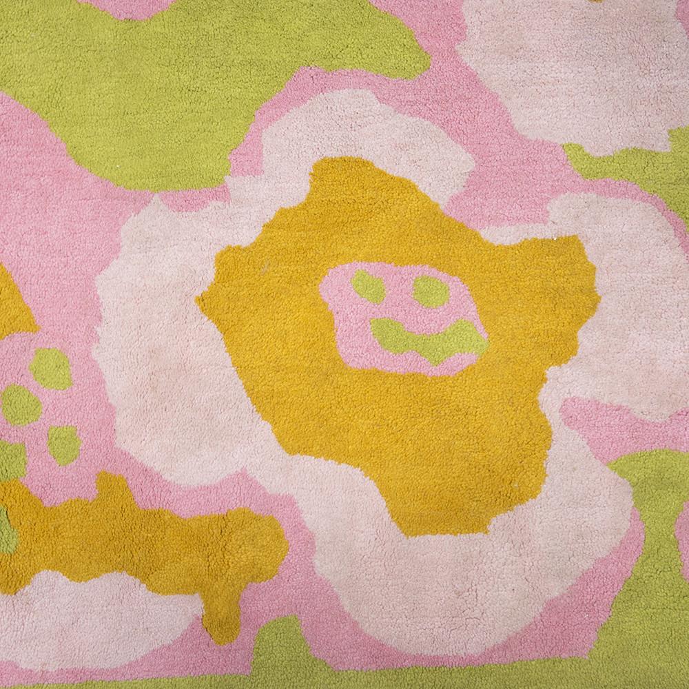 Large Pink & Green Flower Power Vintage Rug
