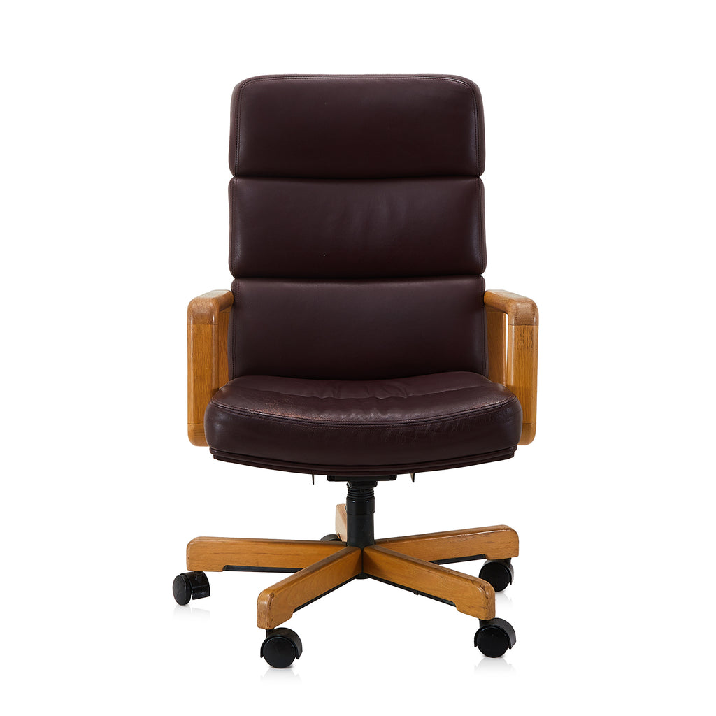 Brown Leather & Wood High Back Office Chair
