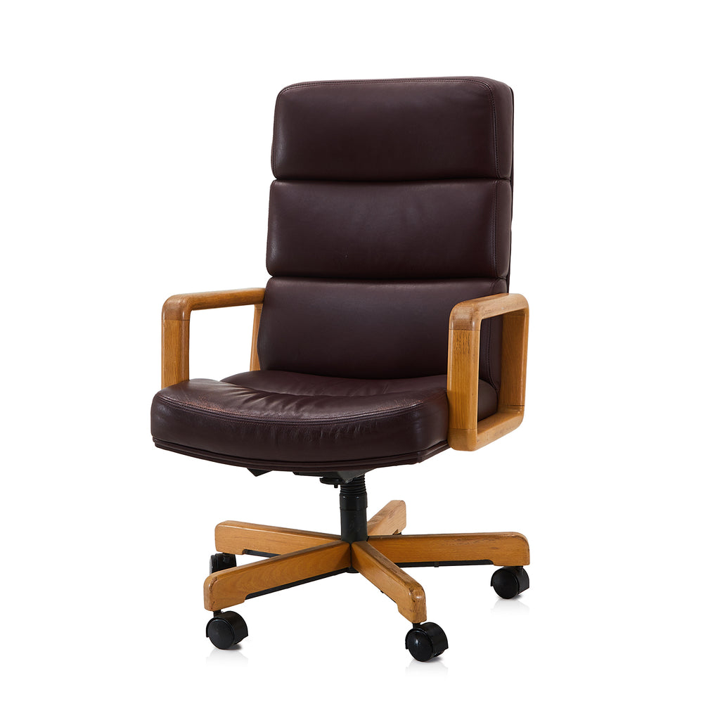 Brown Leather & Wood High Back Office Chair