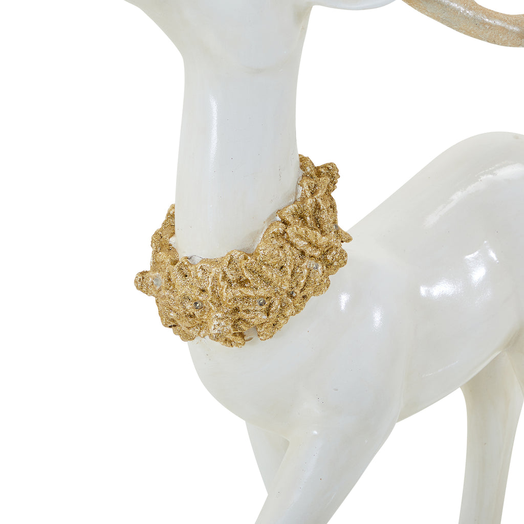 Large White Ceramic Elk Sculpture on Pedestal with Raised Head & Hoof