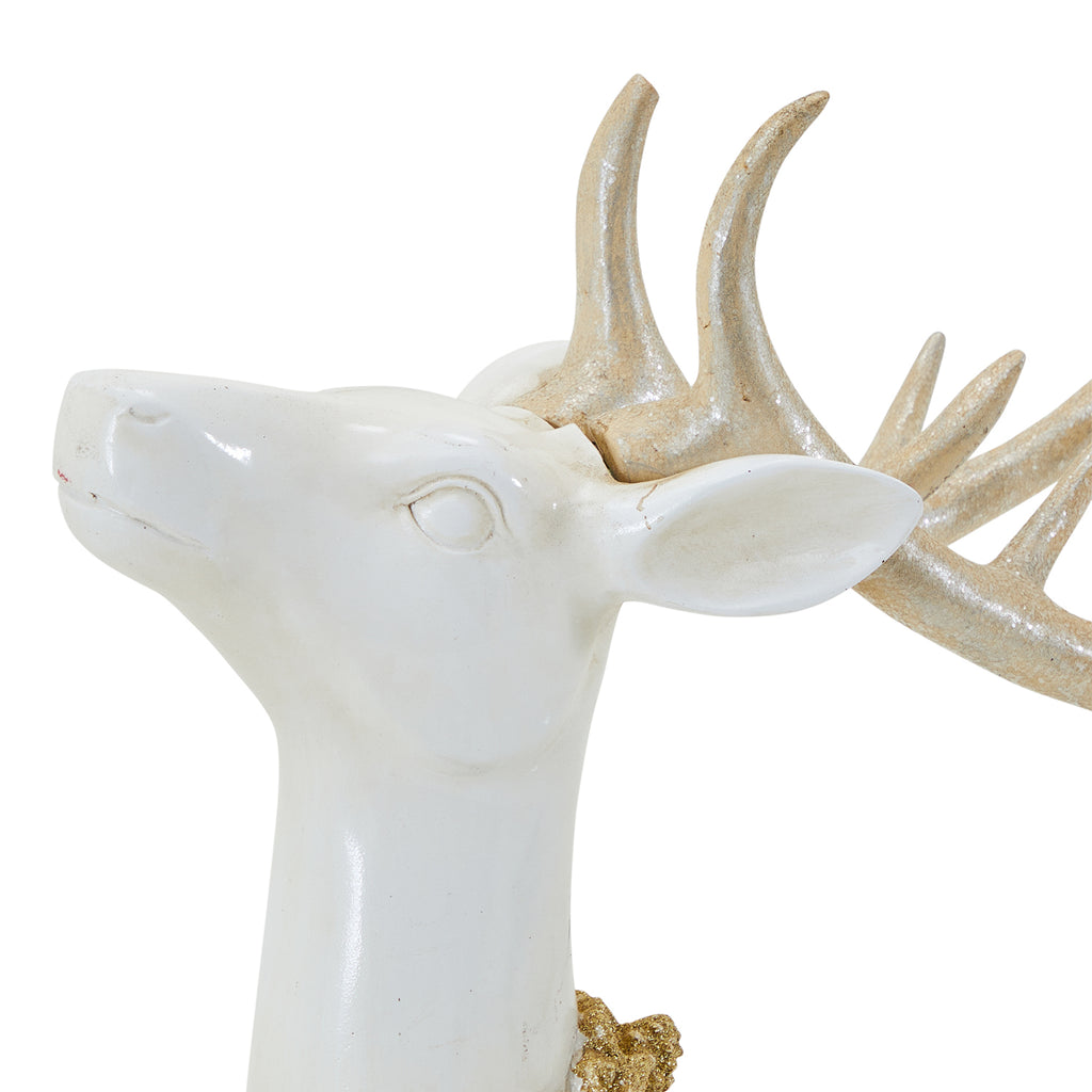 Large White Ceramic Elk Sculpture on Pedestal with Raised Head & Hoof