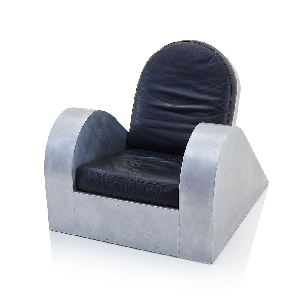 Black Leather & Silver Deco Lounge Chair