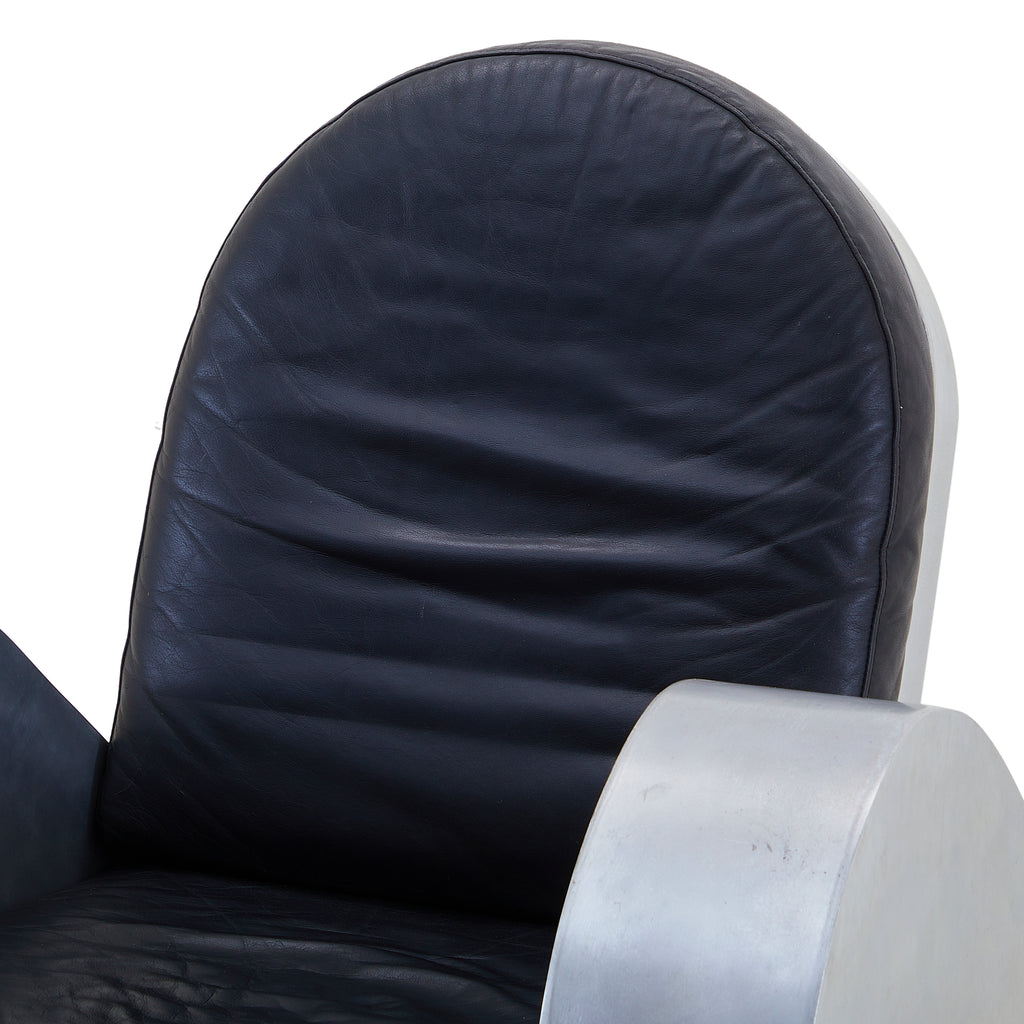 Black Leather & Silver Deco Lounge Chair