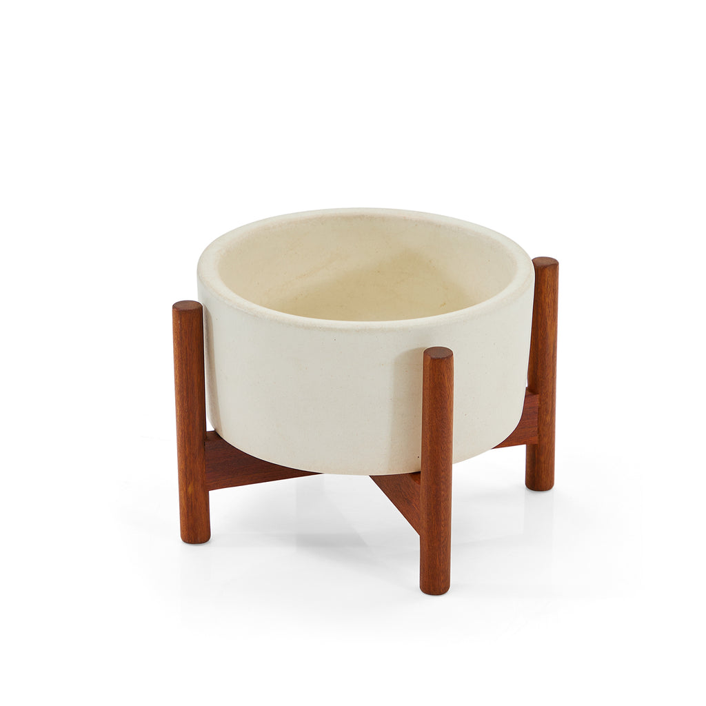 Case Study White Ceramic Planter with Dark Wood Stand