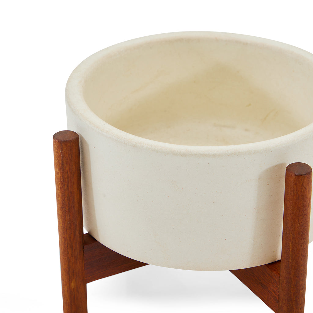 Case Study White Ceramic Planter with Dark Wood Stand
