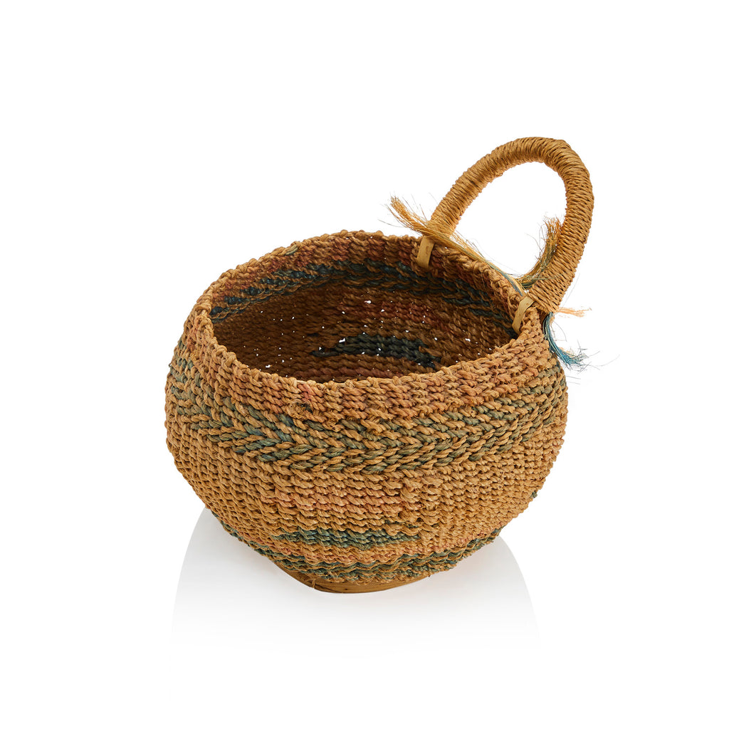 Tan Raffia Woven Round Basket with Handle (A+D)