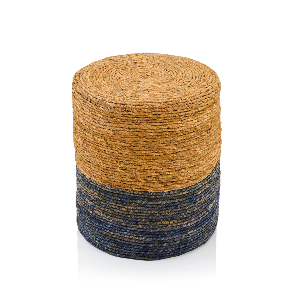 Tan & Blue Woven Natural Fiber Ottoman
