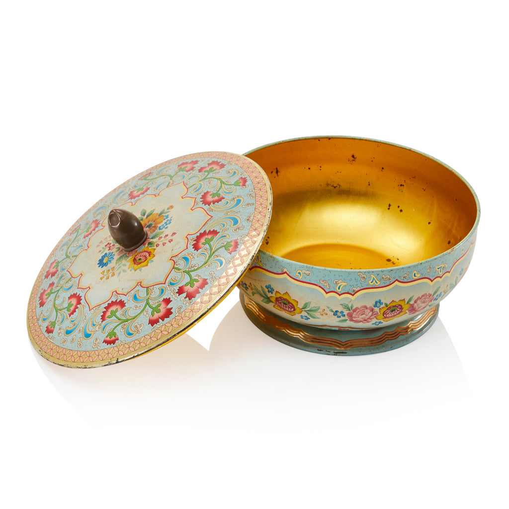 Blue Light Floral Tin Bowl with Lid (A+D)