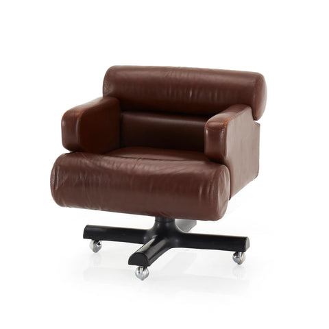 Dark Brown Leather Rolling Arm Chair