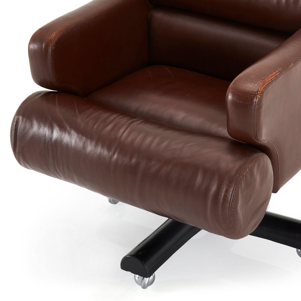 Dark Brown Leather Rolling Arm Chair