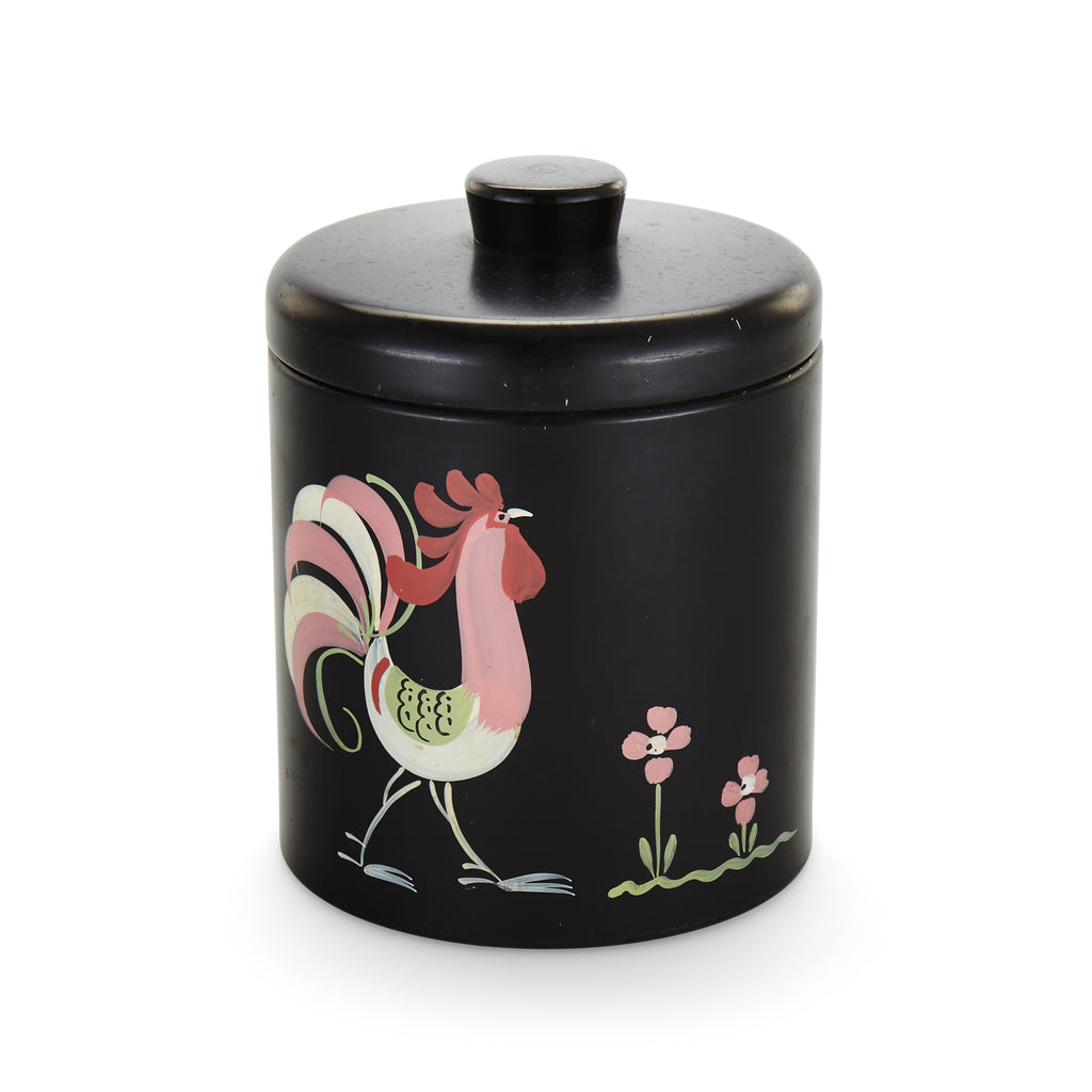 Black Tin Jar with Painted Rooster