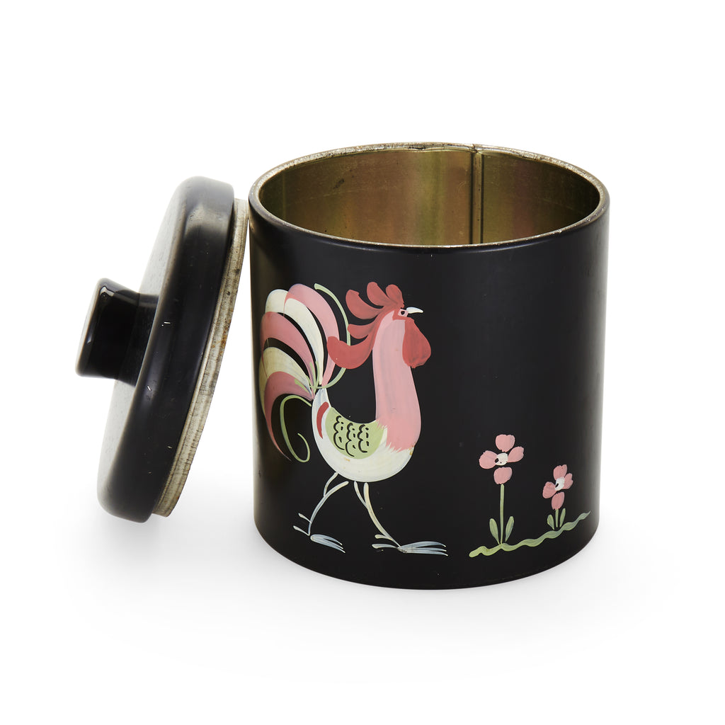 Black Tin Jar with Painted Rooster