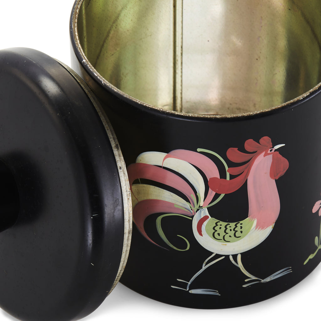 Black Tin Jar with Painted Rooster