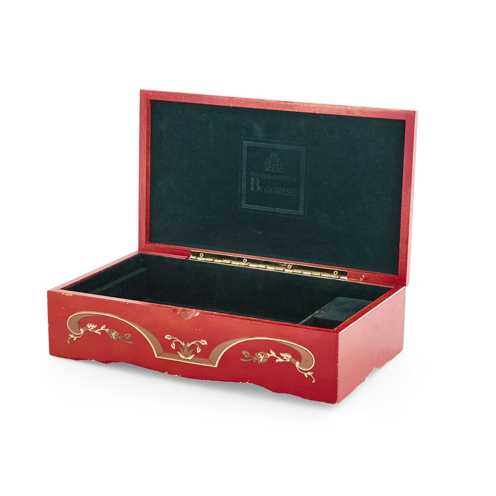 Red Wood Box with Painted Crest Design