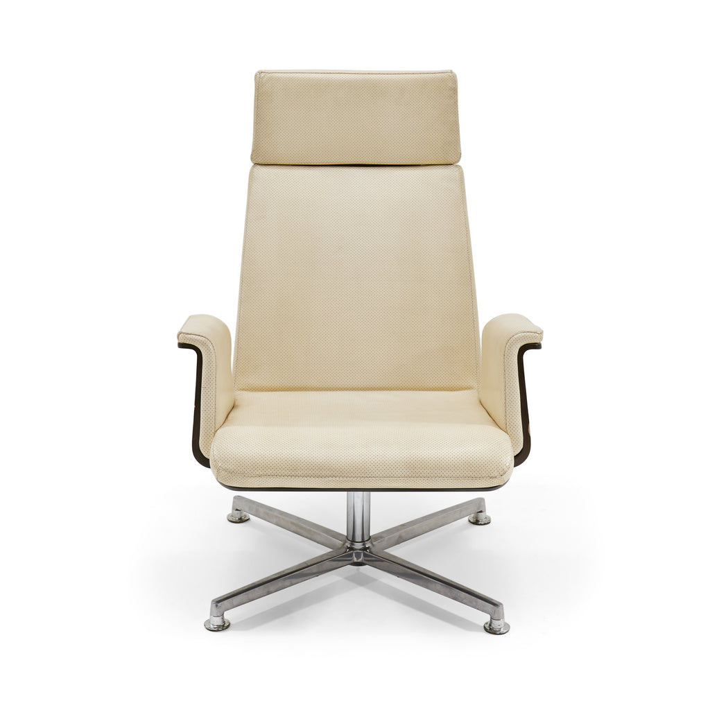 Cream Leather Wood Backed Lounge Chair