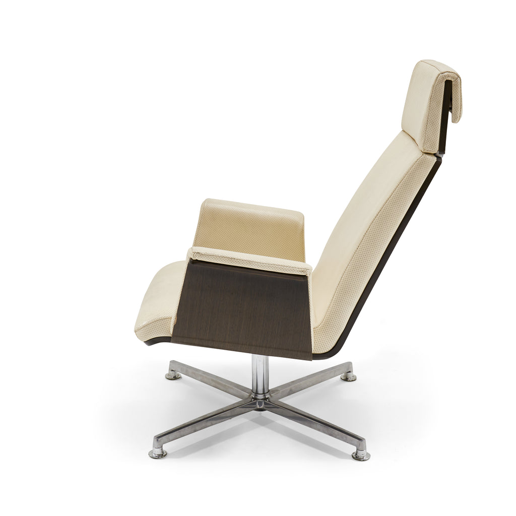 Cream Leather Wood Backed Lounge Chair